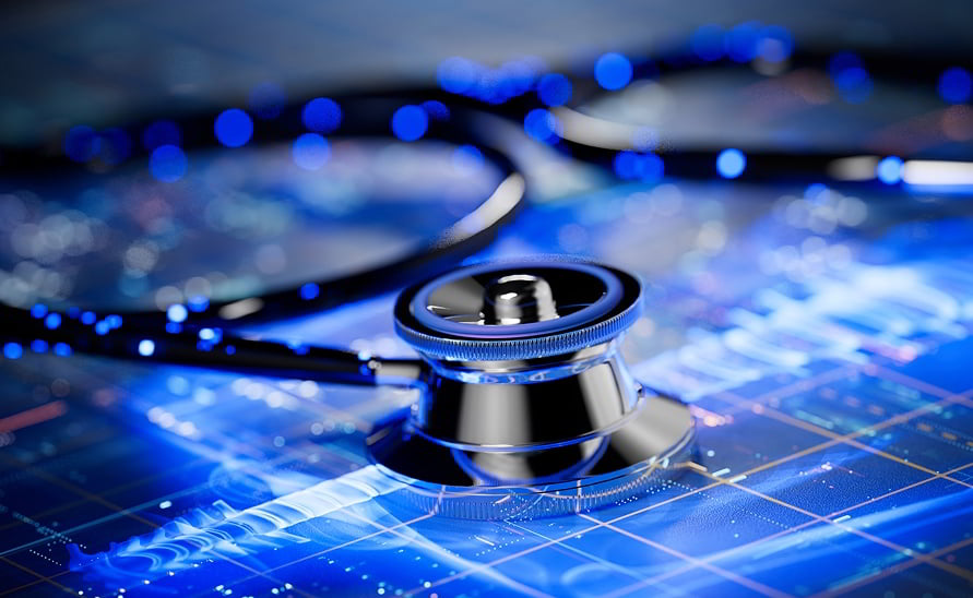Stethoscope and digital circuit overlay representing healthcare data technology