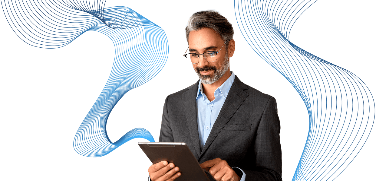 CareFlowIQ data expert holding tablet with abstract digital healthcare graphics
