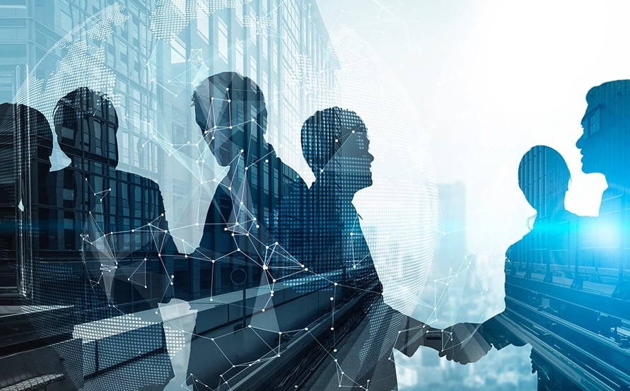 Silhouettes of business professionals in conversation with digital overlay