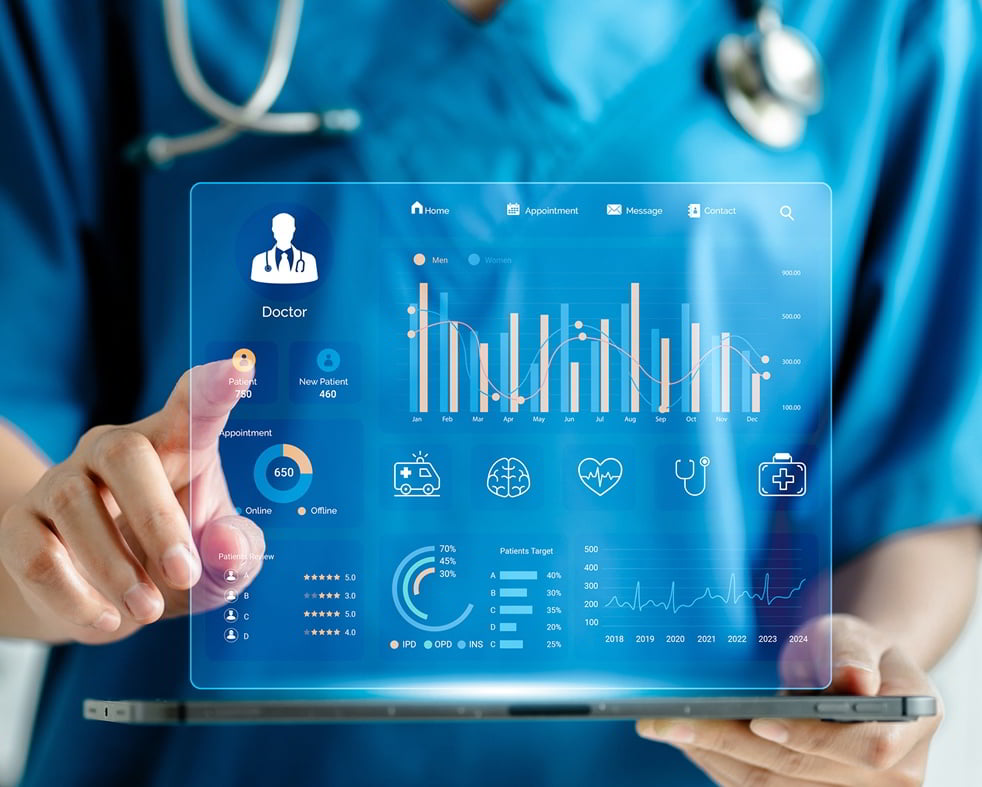 Doctor interacting with a holographic clinical dashboard on a digital tablet