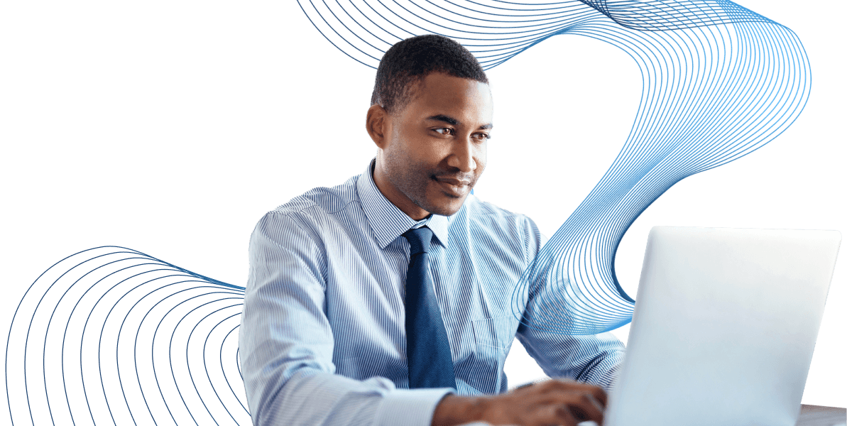 Healthtech professional with digital waveform background and clinical data overlay
