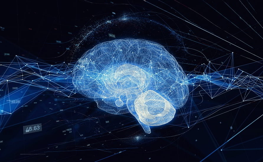 AI-powered visualization of brain with network nodes representing natural language processing in healthcare