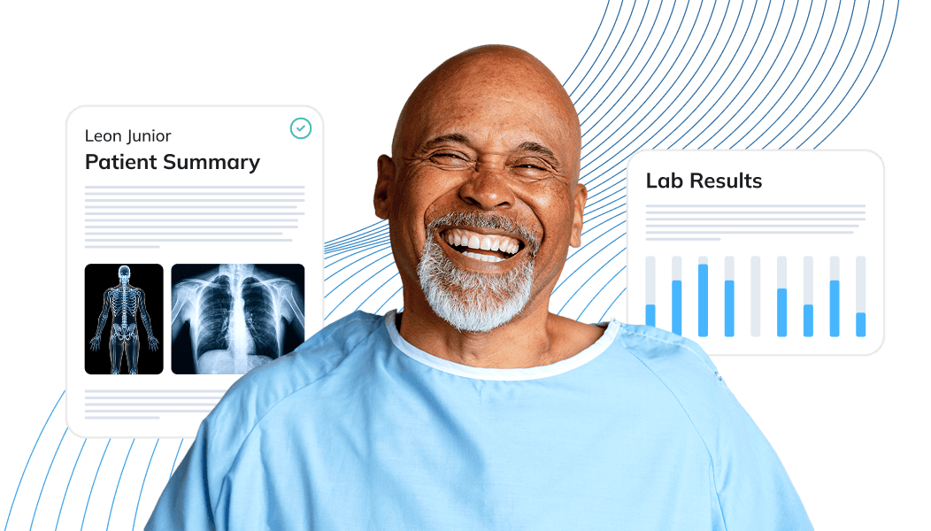 Smiling patient with clinical insights and lab results graphics overlay