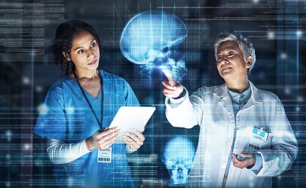 Medical team analyzing predictive health data with augmented digital tools