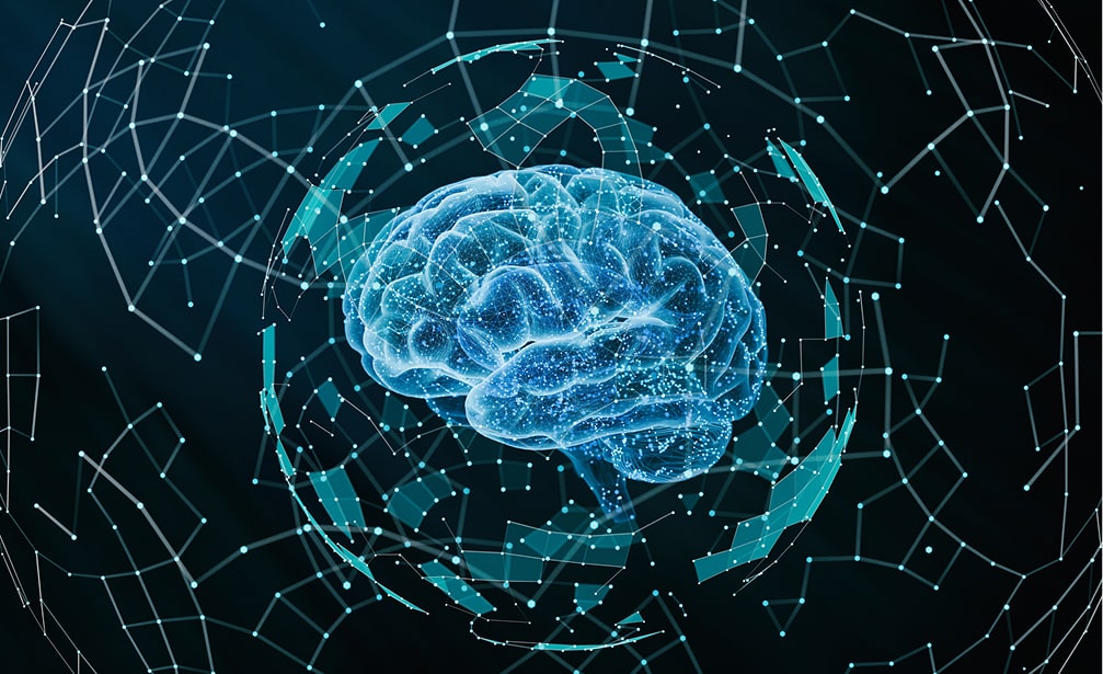Digital illustration of a glowing blue brain surrounded by interconnected network nodes and data visualization elements against a dark background