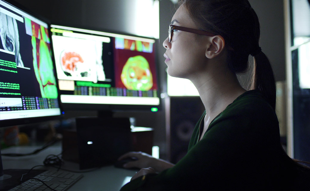 Medical professional analyzing diagnostic images on dual computer monitors.