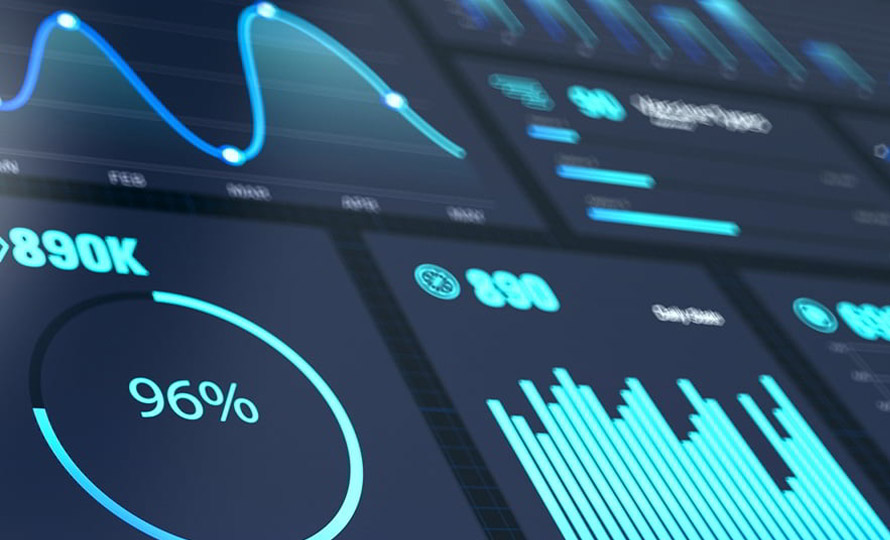 Close-up of digital dashboards displaying charts, graphs, and performance metrics.