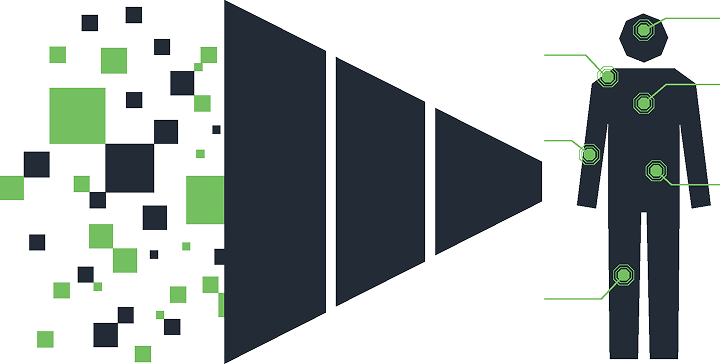 CareFlowIQ graphic showing healthcare data being processed and mapped to patient health insights.