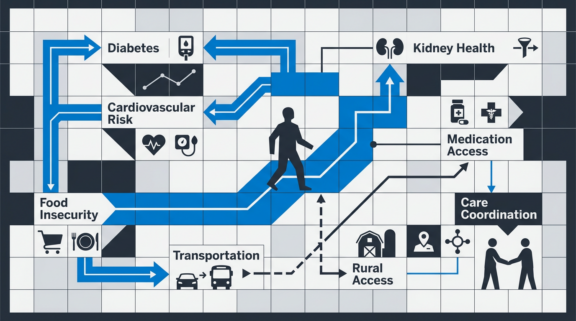 Labeled illustration showing metabolic health factors connected around a Medicaid member journey.